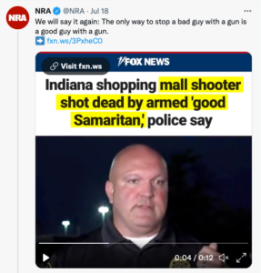 美国步枪协会（NRA）在7月18日发推表示，此事说明阻止持枪坏人的唯一方法就是好人持枪。