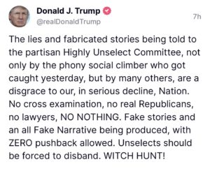 川普在他自己的社交媒体曾多次抱怨1月6日委员会是“未经选择的”，并且称听证会上没有真正的共和党人。
