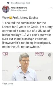 另外网上流传一条指控说，柳叶刀（The Lancet）新冠委员会主席，声称新冠病毒是美国实验室里泄露。包括一些大V也参与转发。