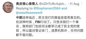 在FBI突击搜查川普的房产后，许多支持川普的华人认为，这是民主党操控的阴谋，而且这件事发生在临近中期选举的时间点，有许多支持川普的选民开始认为是民主党操控了司法部和FBI来陷害川普，只为可以影响中期选举。
