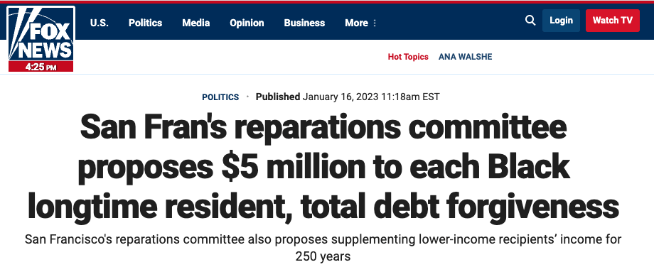 文章有意进行舆论导向，称这种赔偿的提议是“种族主义”。 一如既往，类似的文章是取材自右翼媒体如福克斯新闻。
