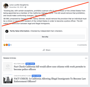 “现有的法律，除了某些例外，都禁止非美国公民的人被任命为加州公路巡警的成员。可是这项法案将取消这一禁令，并作出相应的修改。”该法案指出。 由民主党参议员南希·斯金纳（Nancy Skinner）提出的SB960法案，将取消个人必须是美国公民或永久居民才能成为警察的规定。这项法案对合法移民和非法移民不作区分。