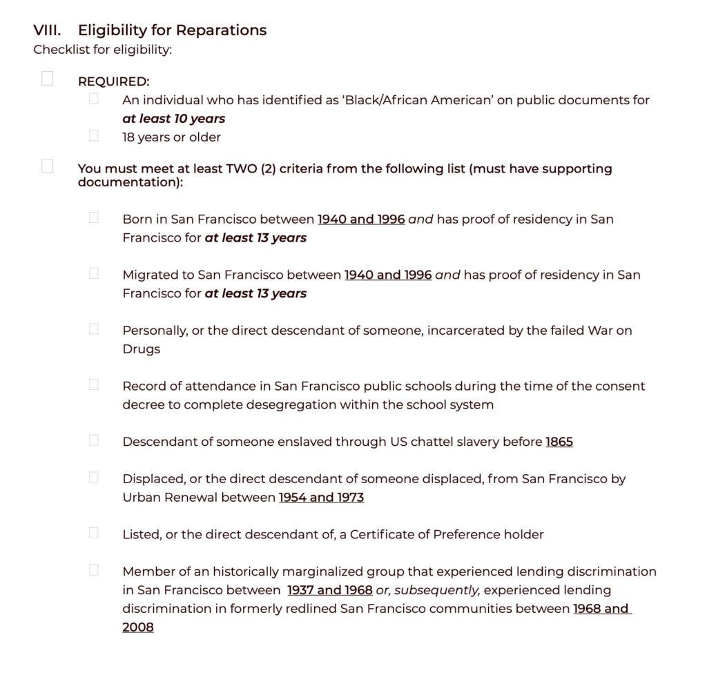 从赔偿标准可以看到，拟议中的赔偿针对的对象非常明确：要么需要是奴隶的后代，要么曾在过去一个世纪来，在旧金山的教育、刑事司法、住房及金融中遭受过系统性歧视，而且需要拿得出证明材料，比如学校的出勤纪录。旧金山现在拥有近5万黑人人口，这当中有多少能符合条件，需要打上一个问号。