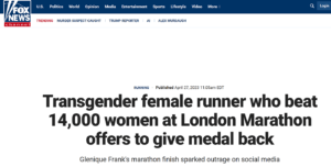 近日右翼媒体炒作说跨性别长跑运动员格兰尼克·弗兰克 (Glenique Frank) 参加伦敦马拉松女子组比赛并拿到冠军，纷纷质疑比赛不公平。说她跑赢了1万4000名女性运动员。
