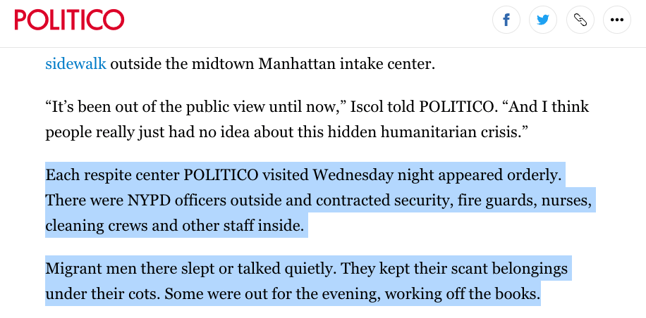 至于指责移民“没有去工作赚钱养家”，更是毫无证据。第一，许多移民排队在移民中心外是为了等待获得服务，很多人仍未取得工作许可；第二，Politico去数个收容中心考察，观察到一些移民会在晚上外出打工。