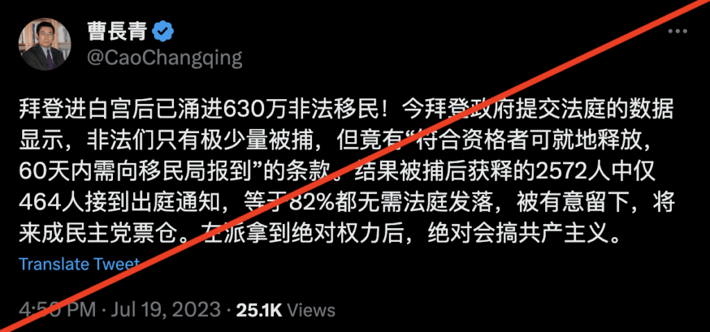 不，无证移民越境数量没有630万之多，执法次数与人数并不相同。称边境移民被“有意留下成为民主党的票仓”与事实不符。