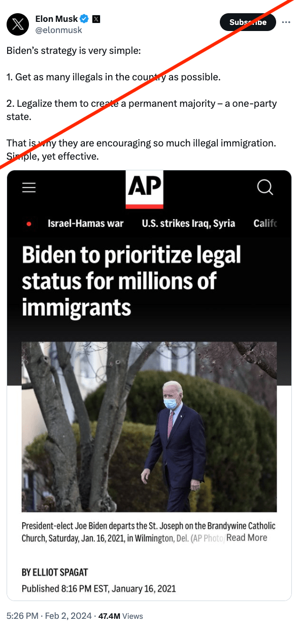 2月2日，马斯克在X发帖称拜登试图建立“一党制国家”，并引用了美联社在2021年1月的文章，这篇报道概述了拜登在上任时对于移民立法的计划。