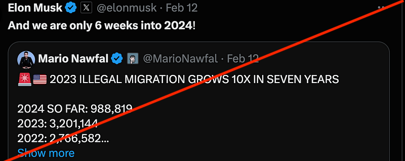 推特的所有者埃隆·马斯克最近频繁发推，抨击民主党拜登政府让南部边境门户大开，放进来太多的无证移民。2月12日，他转推了右翼博主马里奥·纳法尔(Mario Nawfal)的推特，该推特声称援引数据来自美国海关和边境管理局(CBP)，列出了2017年到2024年非法移民的人数，称进入美国的非法移民人数在七年内增长了10倍。此条推文获得了3400万浏览，并被许多其他用户转发，包括马斯克——事实上，马斯克一直很爱转纳法尔的推文。