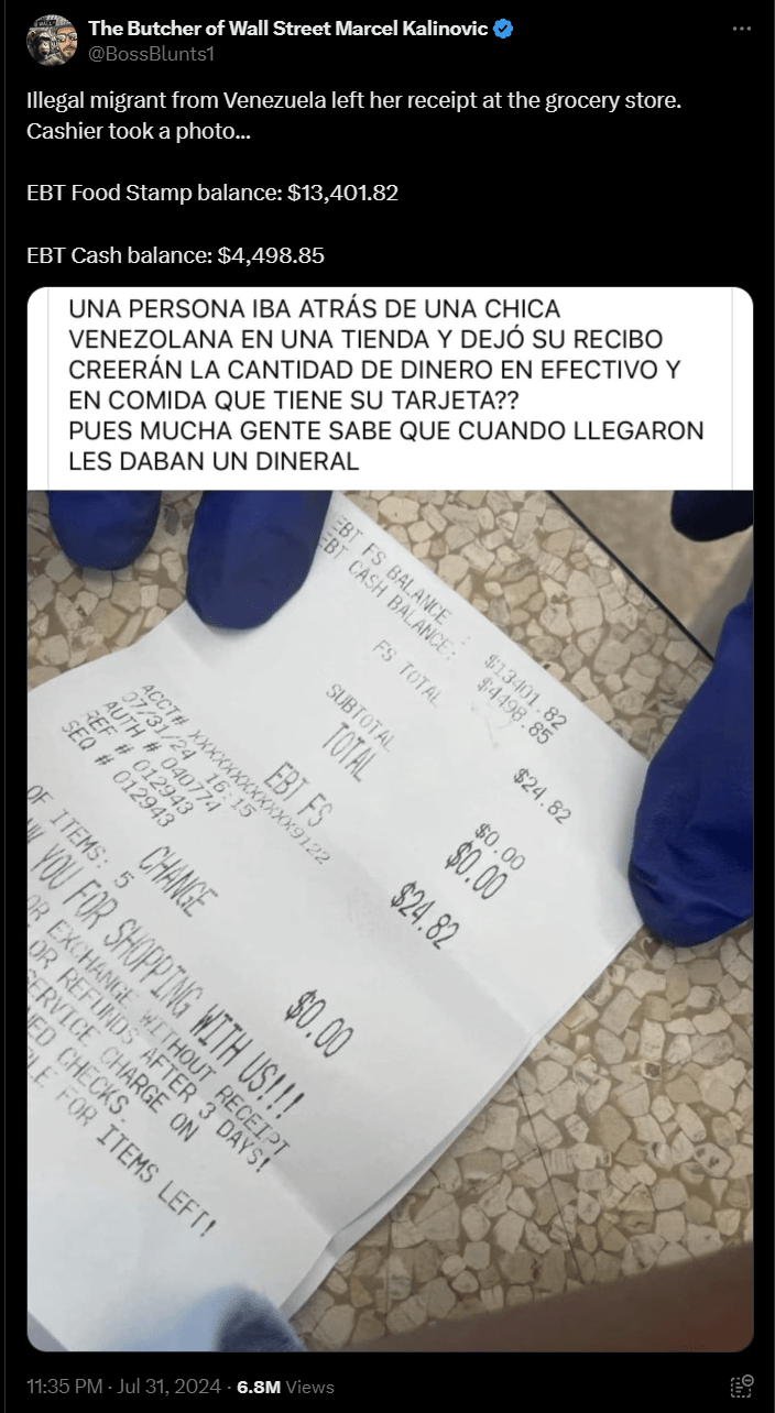 该图片在7月31日开始在X和TikTok平台上流传。X上这个帖子的点击量达到680万。其中引用的西班牙语内容为：“在一家商店里，有人拿到了一名委内瑞拉女孩留下的收据。你能相信她了她卡上的现金和食品券数额吗？你简直不敢相信。很多人都知道，当他们来美国时，他们会得到一笔财富。”