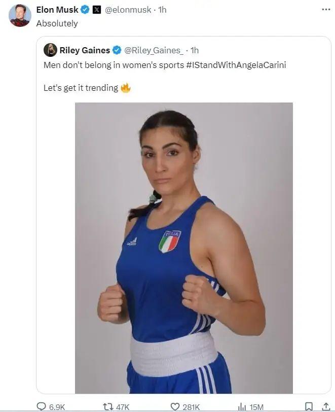 Musk,JK Rowlings等国外著名反“变性”人士也宣称男人不能参与女子竞技,这是让全世界看女人被打。