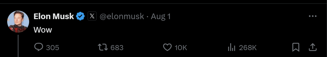 8月1日，X的拥有者埃隆·马斯克转发了该帖，回复称“Wow”，其目的显然是为了掀起对美国福利政策和无证移民的不满。
