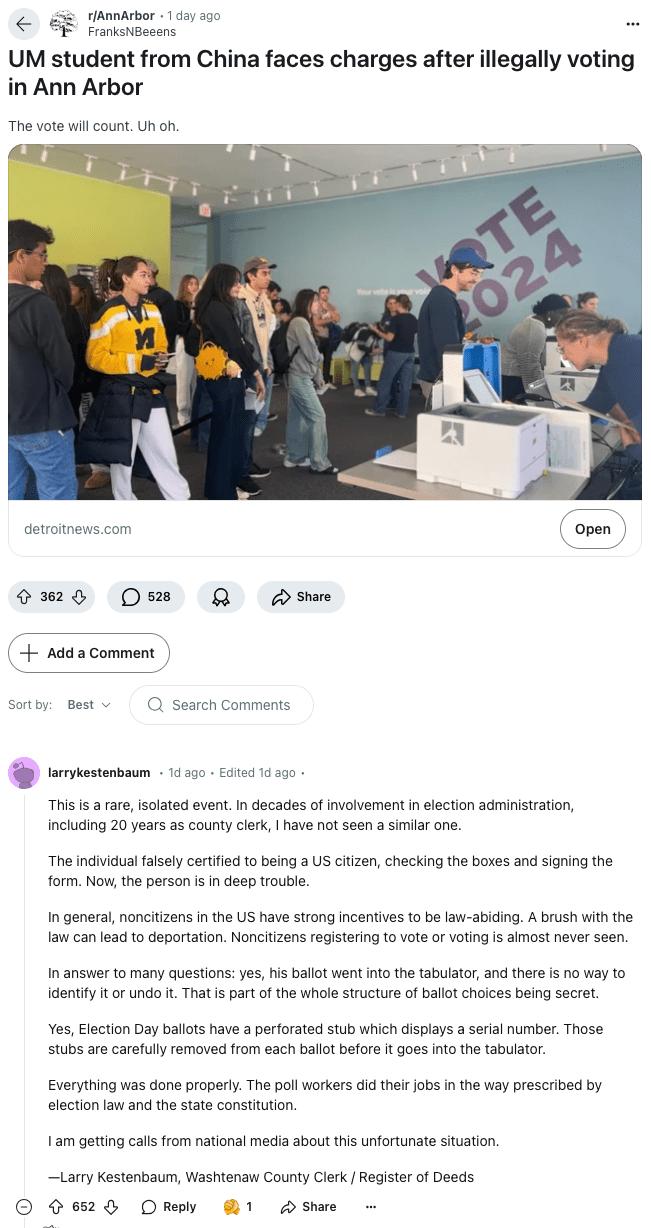 这是一起罕见的孤立事件。在参与选举管理的数十年中，包括担任县书记官的20年，我从未见过类似的事件。该人伪造了美国公民身份，在表格上打勾并签名。