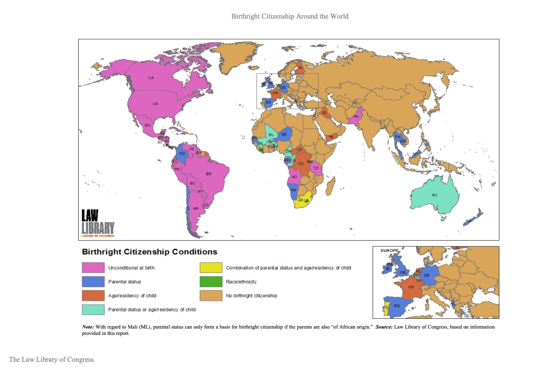 川普的说法是错误的。事实上，全球大约有三十多个国家，包括美国，实行自动出生公民权（属地原则）政策，无论其父母的移民身份如何，凡在其领土出生的儿童均可自动获得公民身份。根据国会图书馆2018年做的一份调查报告，这些实行出生公民权的国家几乎（33个中的27个）都位于西半球，也就是美洲和加勒比地区。其中一些为无条件的（图示粉色），如美国、加拿大、墨西哥、阿根廷、巴西等；一些为有条件的（图示蓝、橙、青、柠檬黄、绿），如澳大利亚、德国、爱尔兰等，另一些国家则是没有出生公民权（图示土黄），如中国、日本、印度等。

